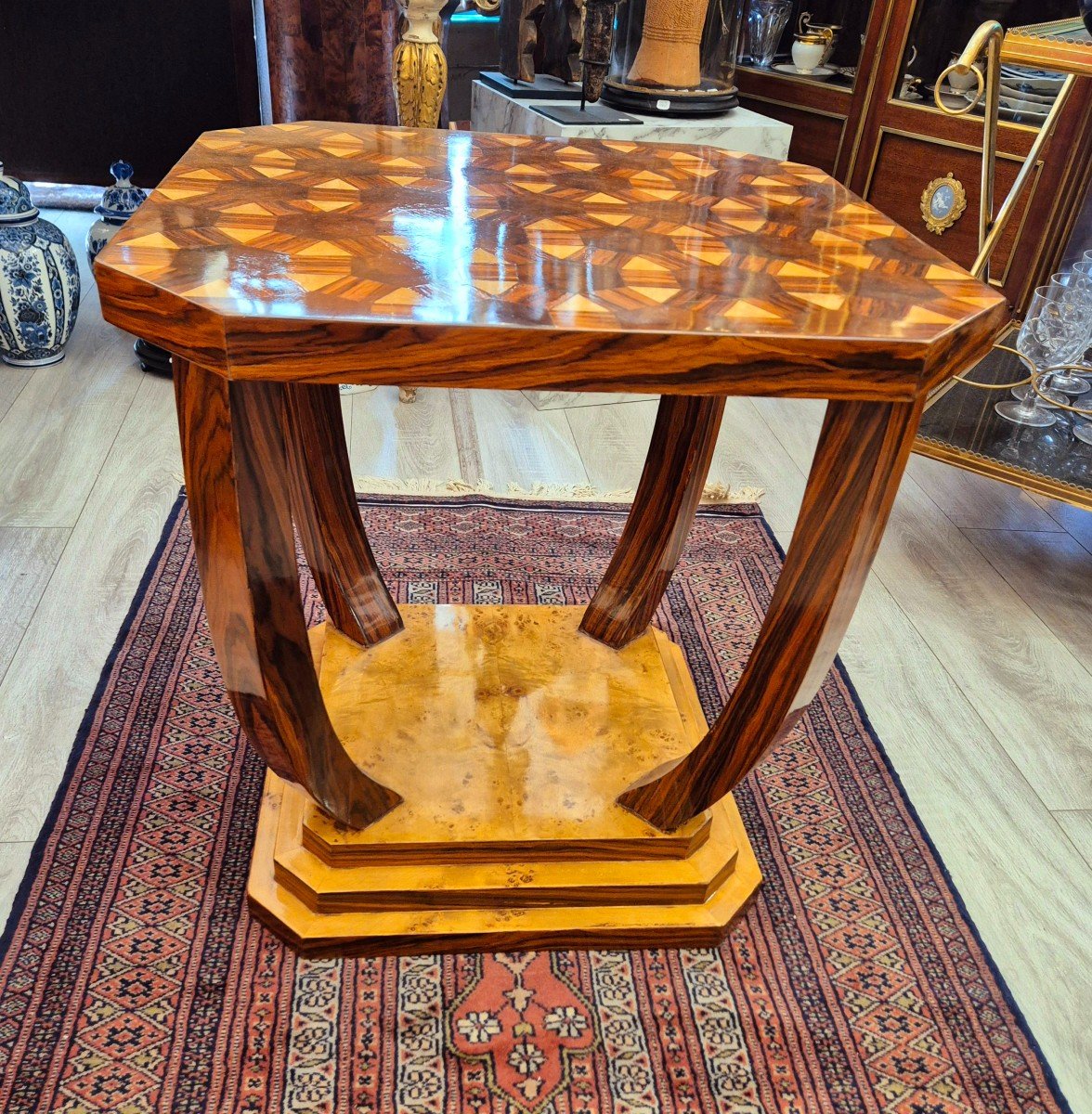 Art Deco Style Side Table With Rosewood And Elm Burl Marquetry, Circa 1980-photo-3