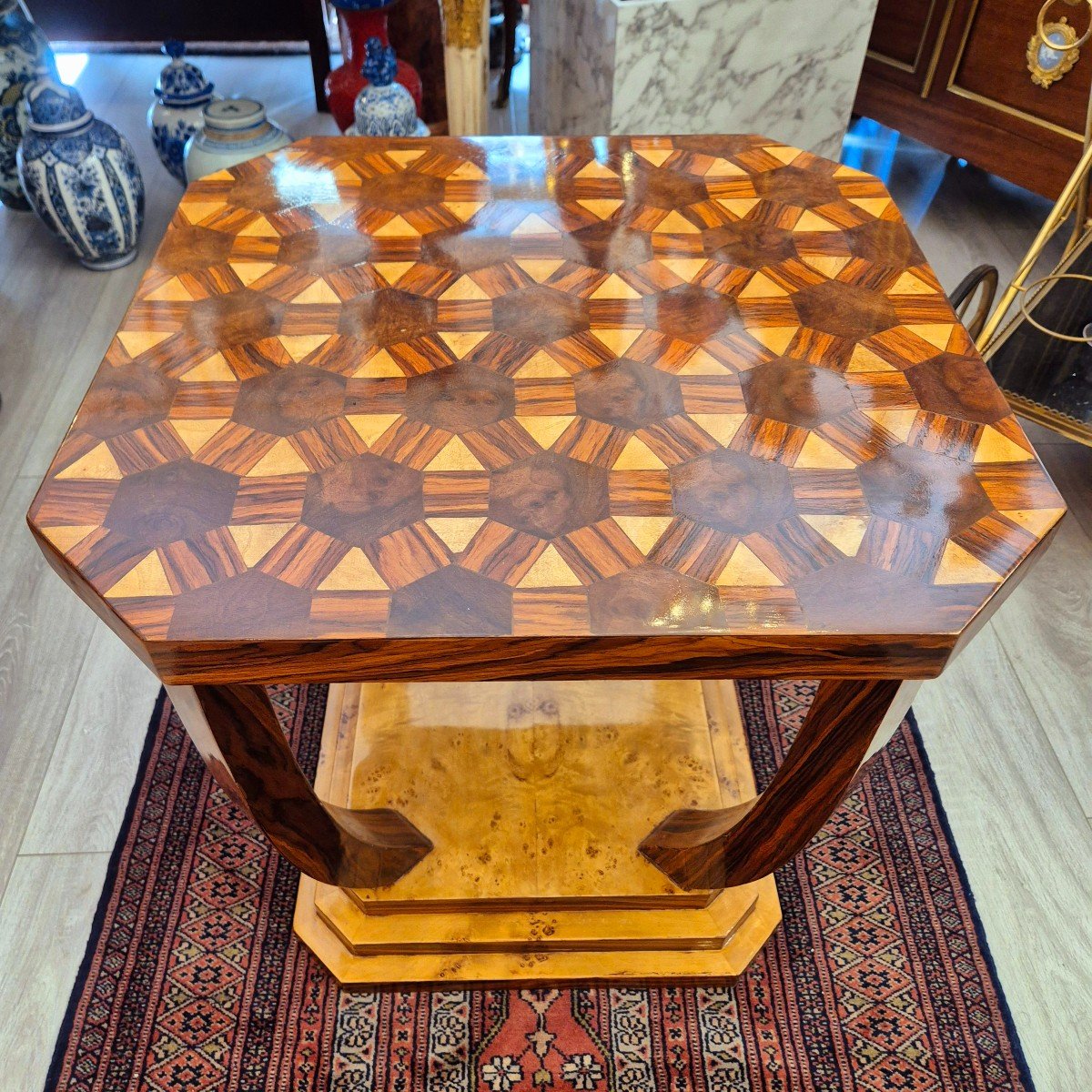 Art Deco Style Side Table With Rosewood And Elm Burl Marquetry, Circa 1980-photo-4