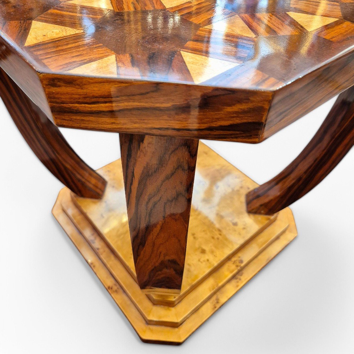 Art Deco Style Side Table With Rosewood And Elm Burl Marquetry, Circa 1980-photo-3