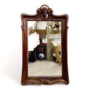 Art Nouveau Mirror In Solid Mahogany, In The Taste Of Eugene Vallin