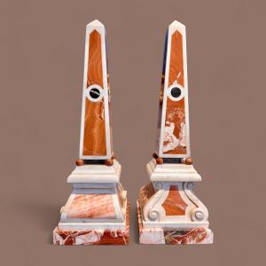 Pair Of Obelisks In White And Red Marble From Sicily, 19th 