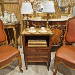 Louis XVI Style Walnut Coffee Table With White Carrara Marble Top, 19th Century