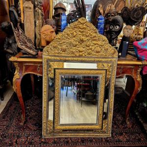 19th Century Stamped Copper Mirror With Arched Pediment And Dice