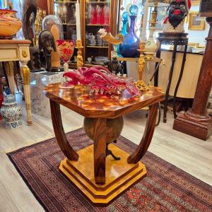 Table d'appoint De Style Art Déco Avec Marqueterie De Bois de rose et loupe d'orme, Vers 1980