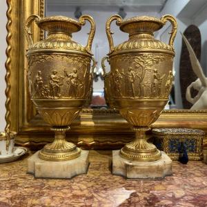 Pair Of Large Antique Gilt Bronze Vases, 19th Century