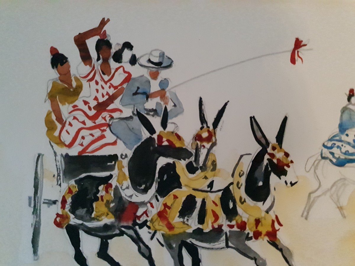 Yves Brayer (1907-1990) - aquarelle et crayon - chevaux et feria -photo-2