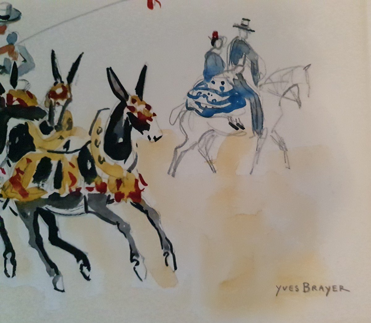 Yves Brayer (1907-1990) - aquarelle et crayon - chevaux et feria -photo-3