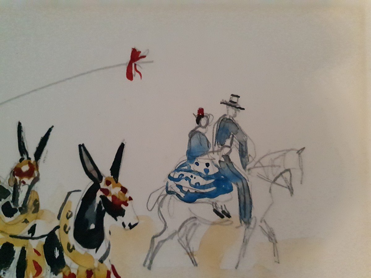 Yves Brayer (1907-1990) - aquarelle et crayon - chevaux et feria -photo-2