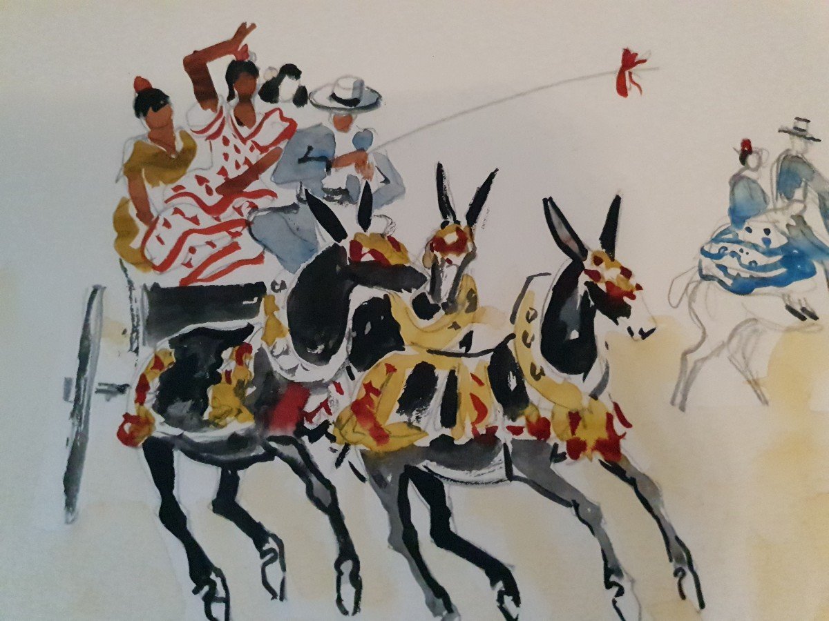 Yves Brayer (1907-1990) - aquarelle et crayon - chevaux et feria -photo-4