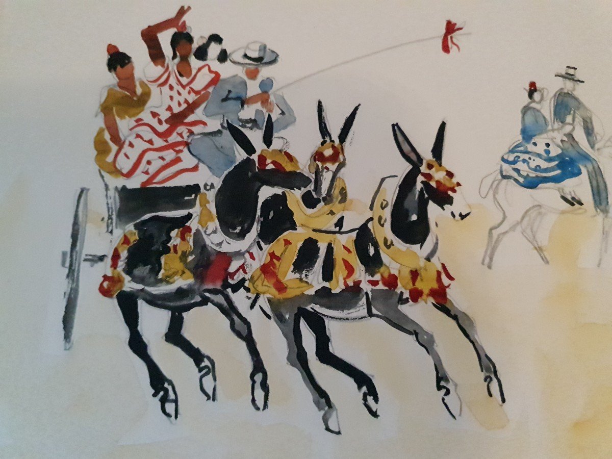 Yves Brayer (1907-1990) - aquarelle et crayon - chevaux et feria -photo-5