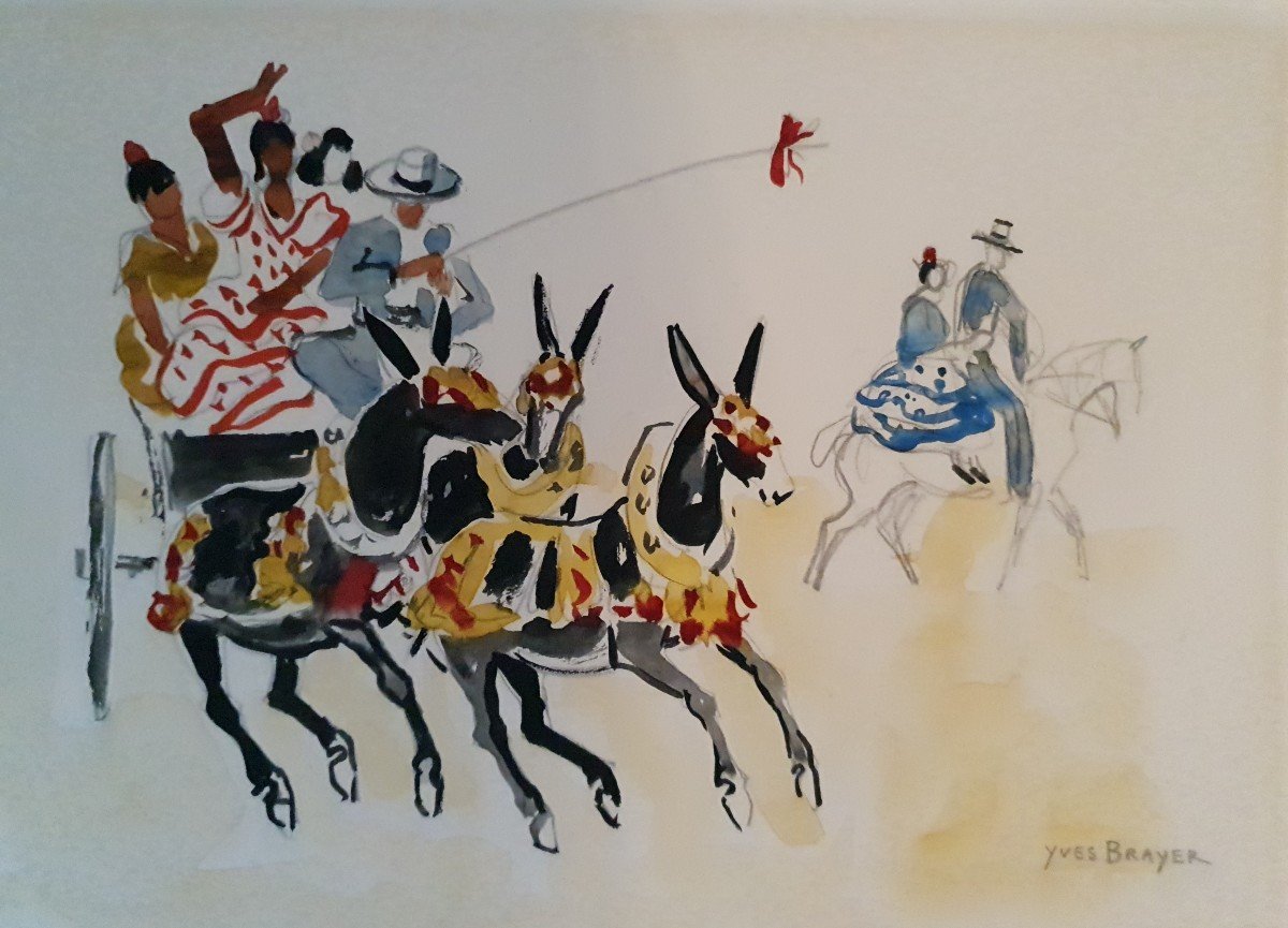 Yves Brayer (1907-1990) - aquarelle et crayon - chevaux et feria 