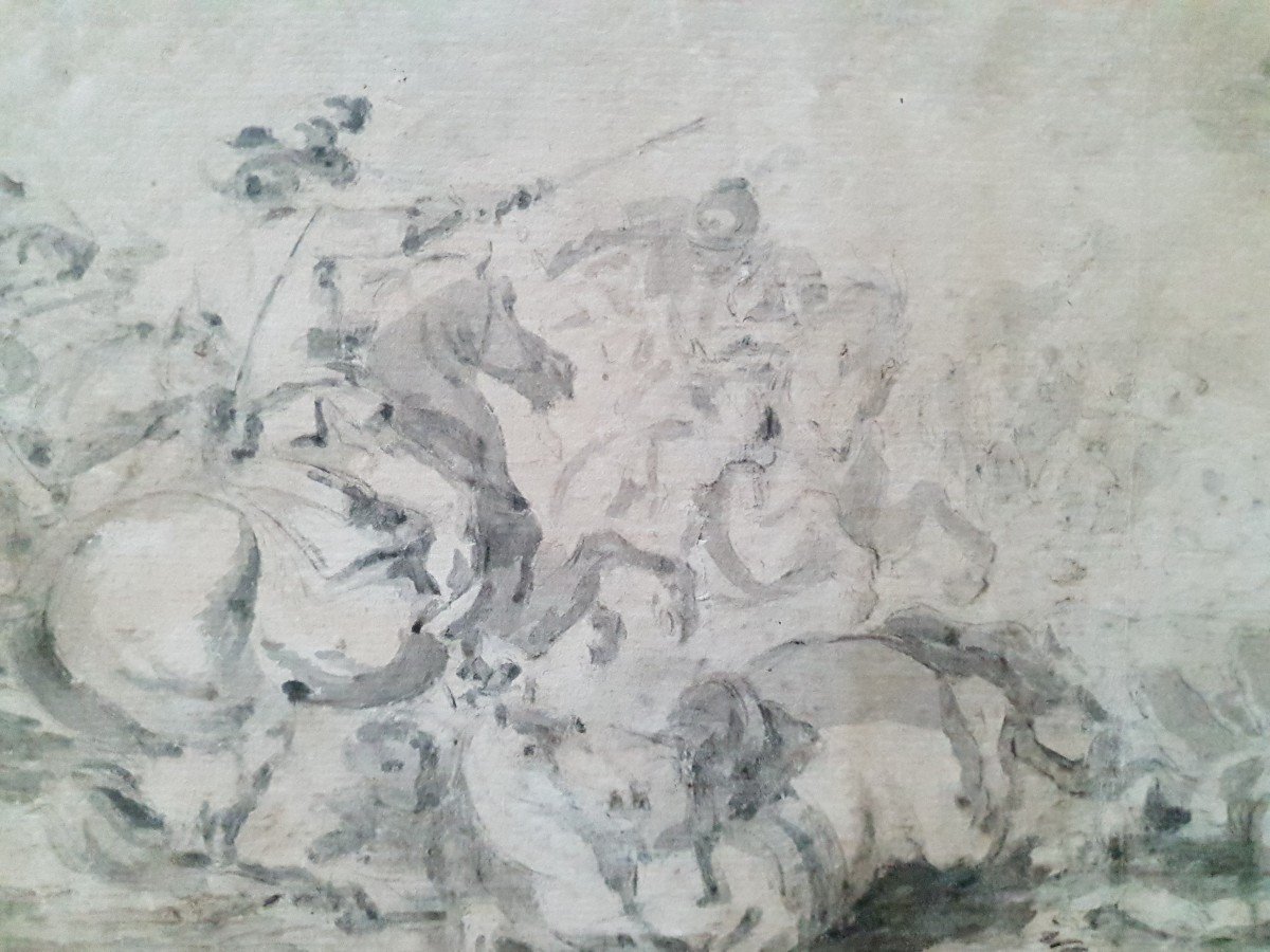 17th Century Drawing - Battle Scene And Horsemen. Black Pencil And Wash-photo-2