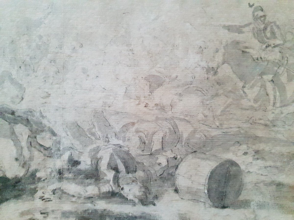 17th Century Drawing - Battle Scene And Horsemen. Black Pencil And Wash-photo-3