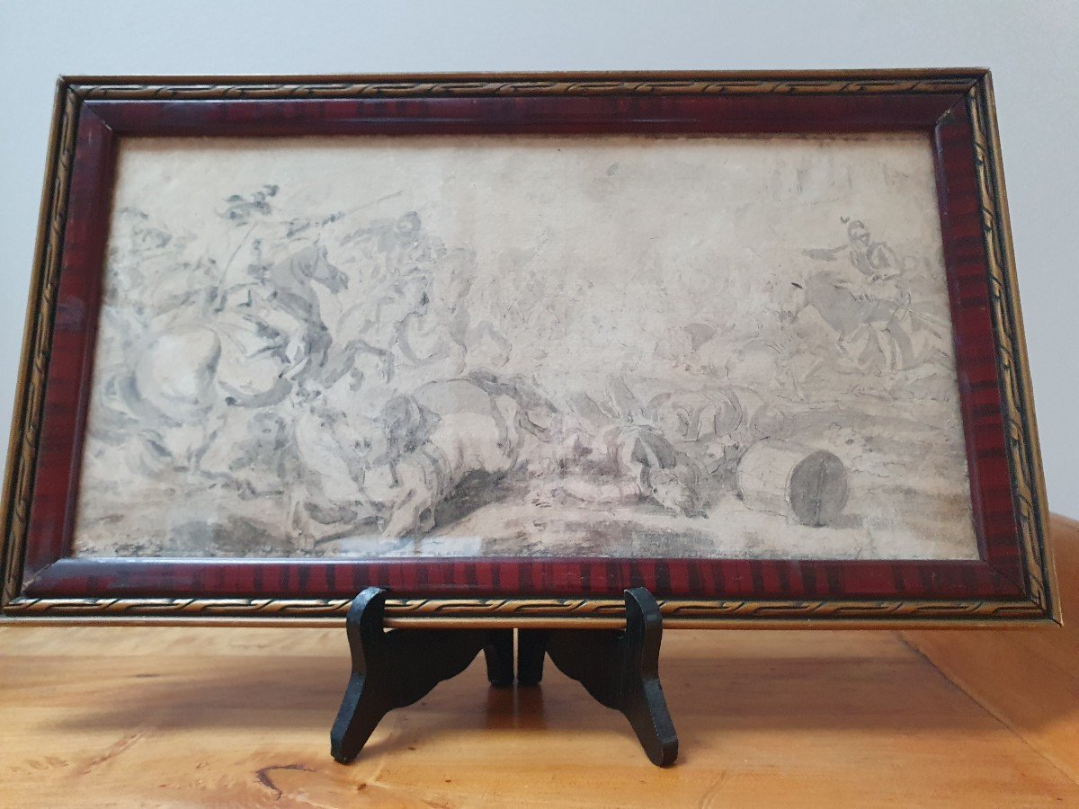 17th Century Drawing - Battle Scene And Horsemen. Black Pencil And Wash