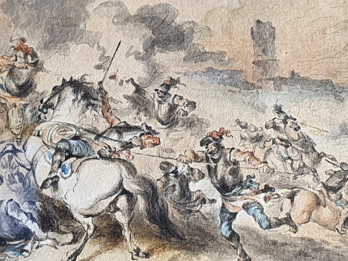 European School 17th Century - Drawing - "battle Scene" - Militaria And Cavalry