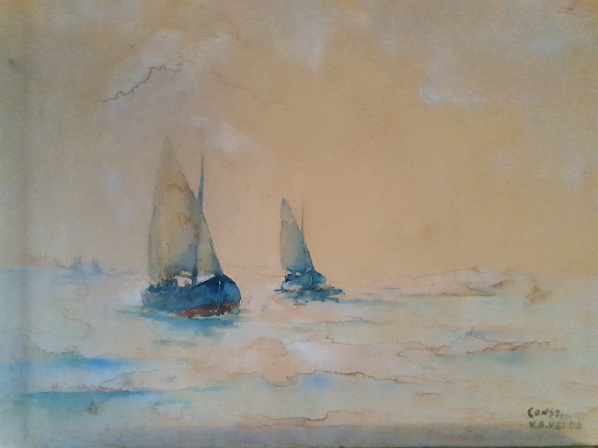 20th Century Watercolor - Marine - Sailboats - Van Der Velde-photo-2