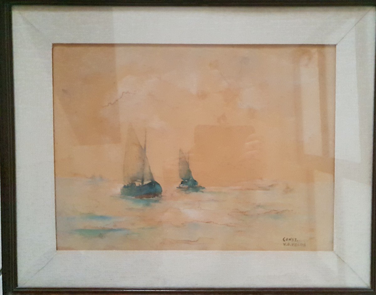 20th Century Watercolor - Marine - Sailboats - Van Der Velde-photo-4