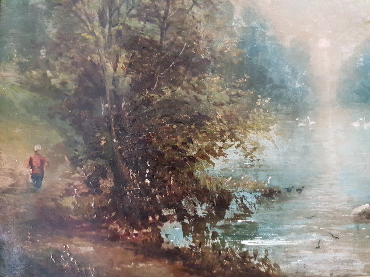 Ecole Anglaise XIXe - Promeneur Autour d'Un Lac - Paysage - Peinture Et Tableau De Goût-photo-3