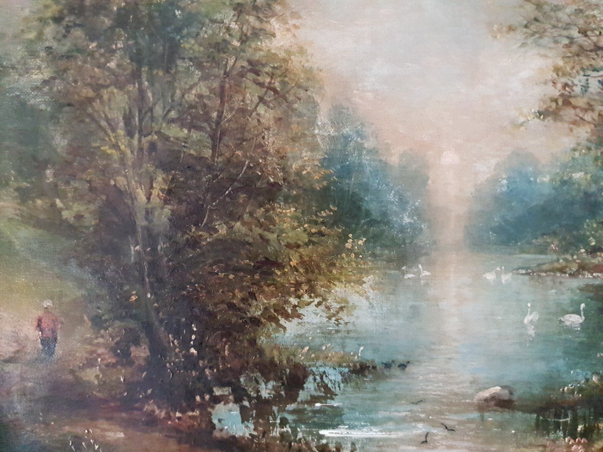 Ecole Anglaise XIXe - Promeneur Autour d'Un Lac - Paysage - Peinture Et Tableau De Goût-photo-1