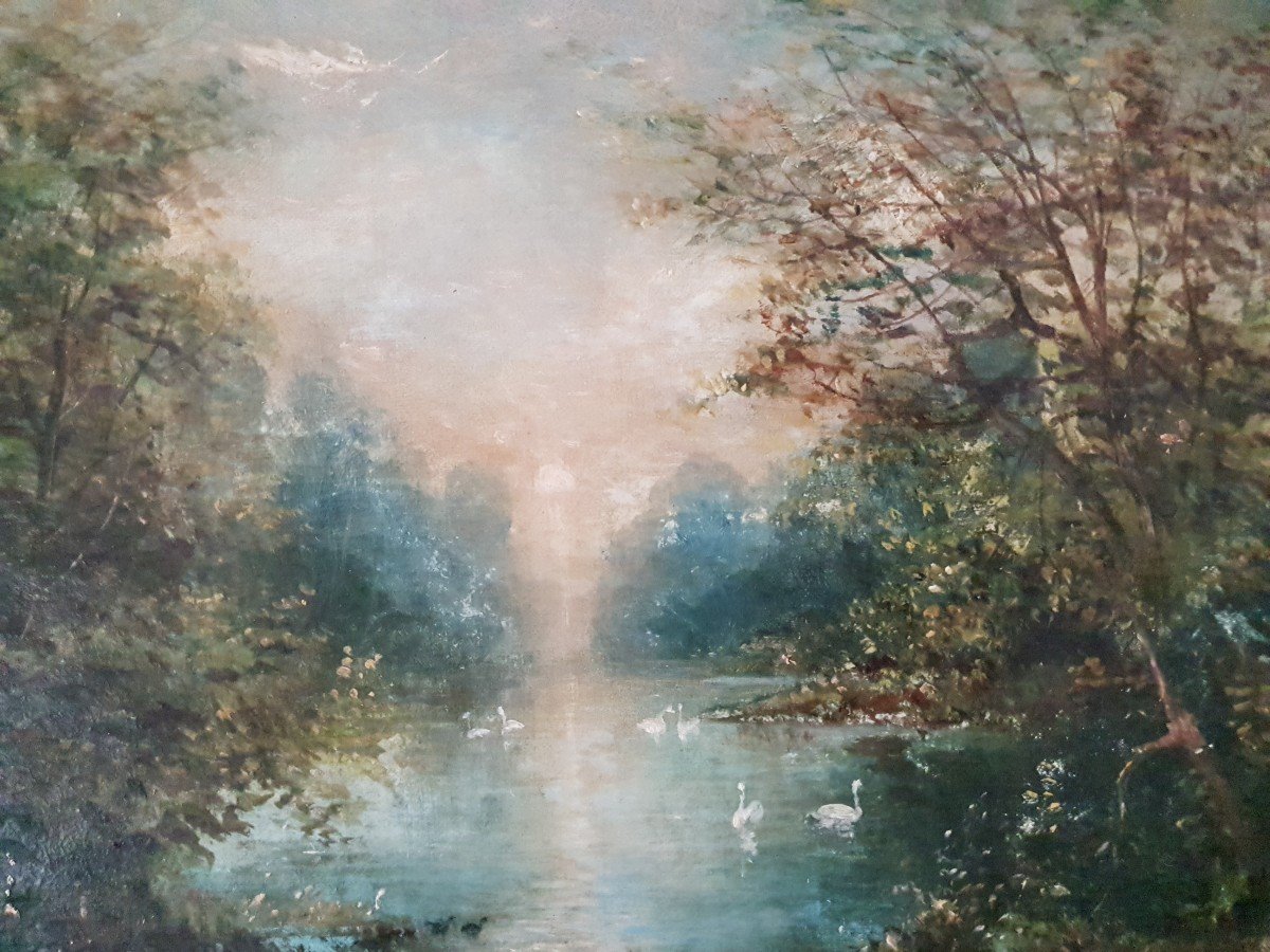 Ecole Anglaise XIXe - Promeneur Autour d'Un Lac - Paysage - Peinture Et Tableau De Goût-photo-2