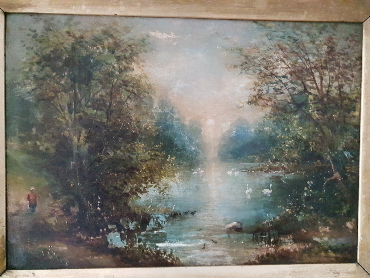 Ecole Anglaise XIXe - Promeneur Autour d'Un Lac - Paysage - Peinture Et Tableau De Goût