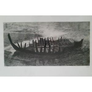 Pierre Courtois ( Né En 1936)  "epave" - Gravure - Marine - Art Contemporain. 