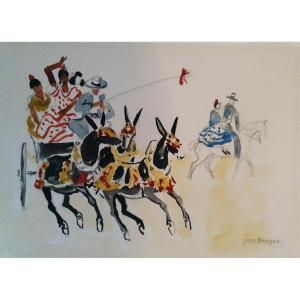 Yves Brayer (1907-1990) - aquarelle et crayon - chevaux et feria 