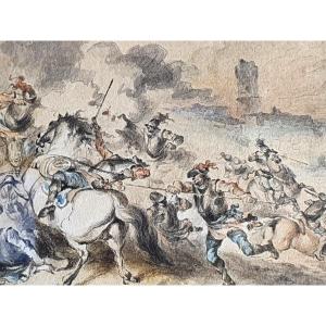 European School 17th Century - Drawing - "battle Scene" - Militaria And Cavalry