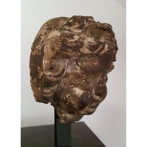 Angel Head Carved In Wood - French School Of The 17th Century 