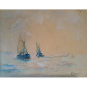 Aquarelle XXème - Marine - Voiliers - Van Der Velde