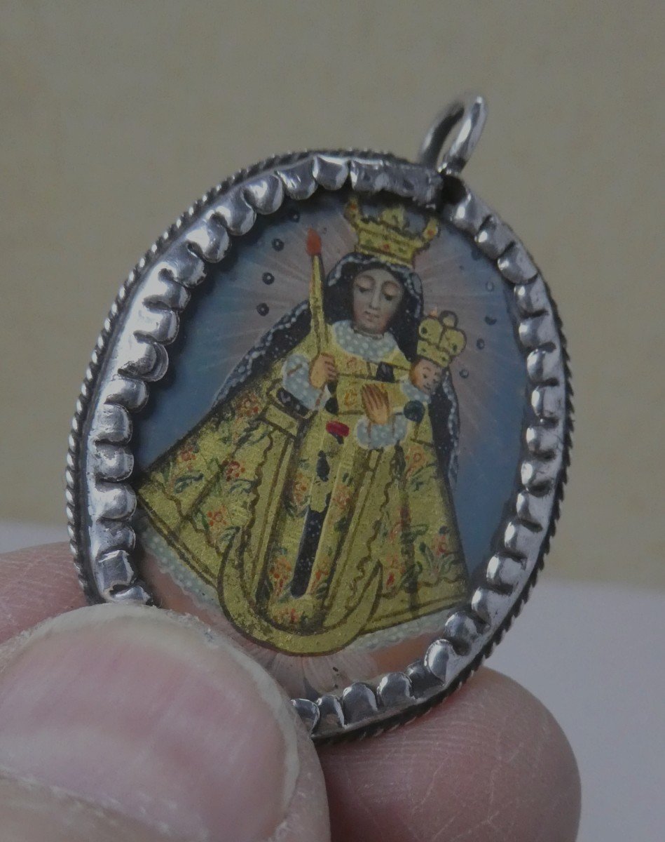 Devotional Pendant, Painting On Copper, Silver Medallion Late 18th-photo-2