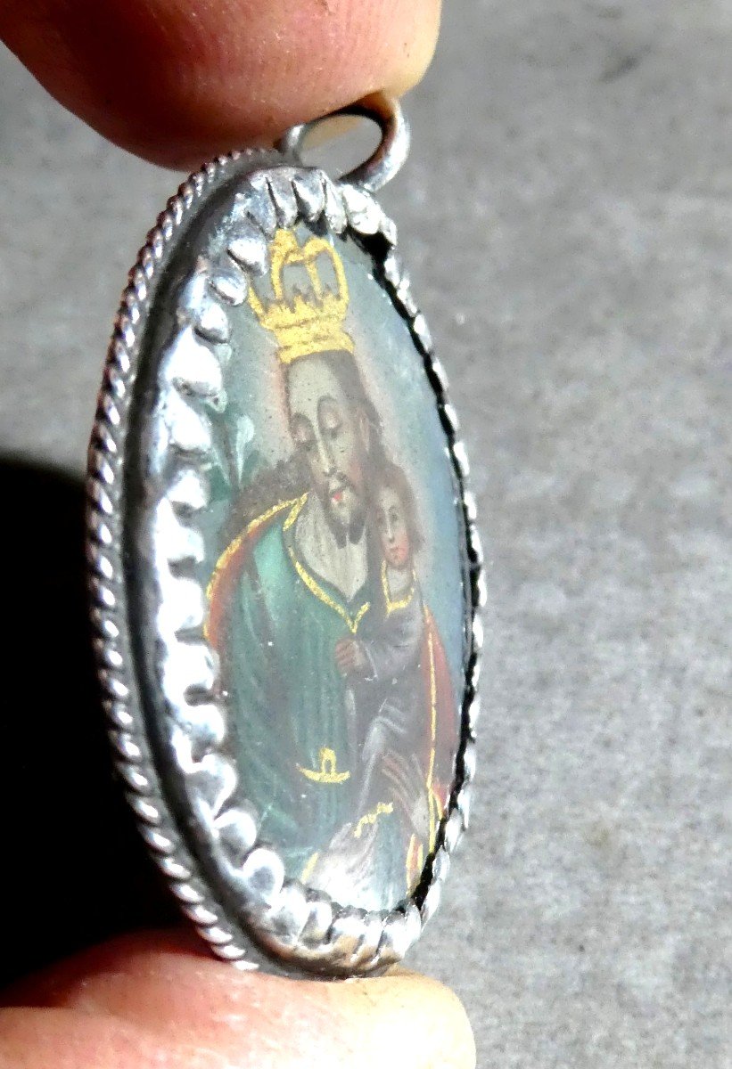 Devotional Pendant, Painting On Copper, Silver Medallion Late 18th-photo-3