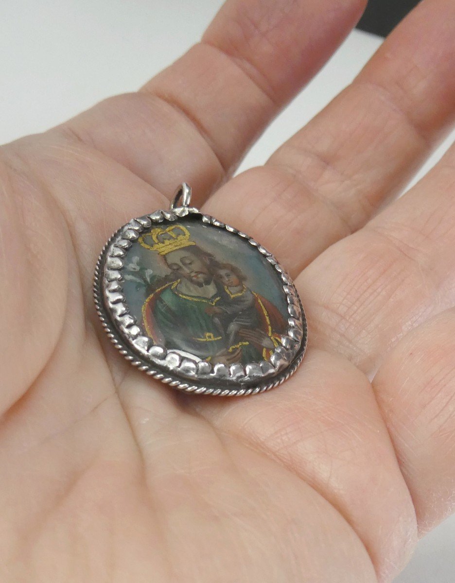 Devotional Pendant, Painting On Copper, Silver Medallion Late 18th-photo-4