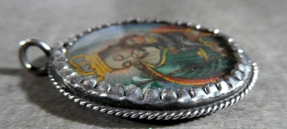 Devotional Pendant, Painting On Copper, Silver Medallion Late 18th-photo-1