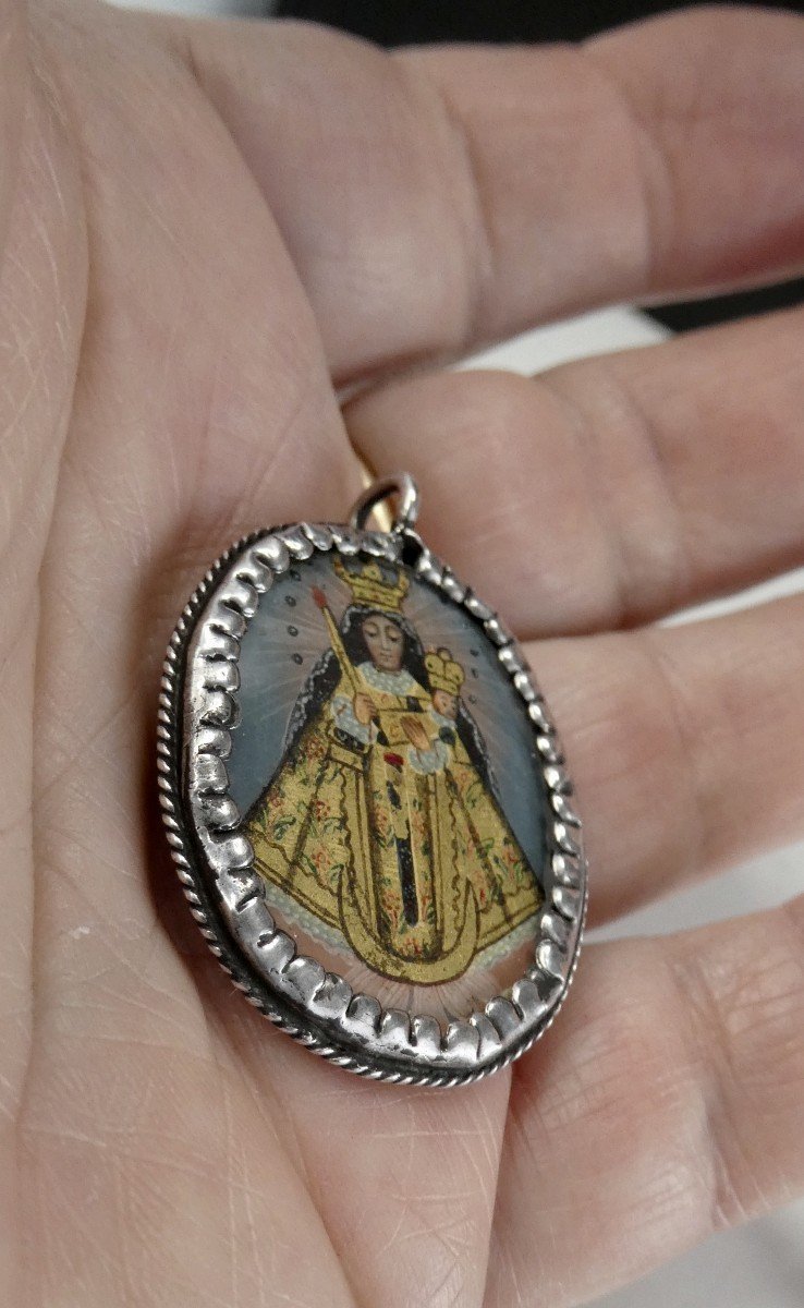 Devotional Pendant, Painting On Copper, Silver Medallion Late 18th-photo-2