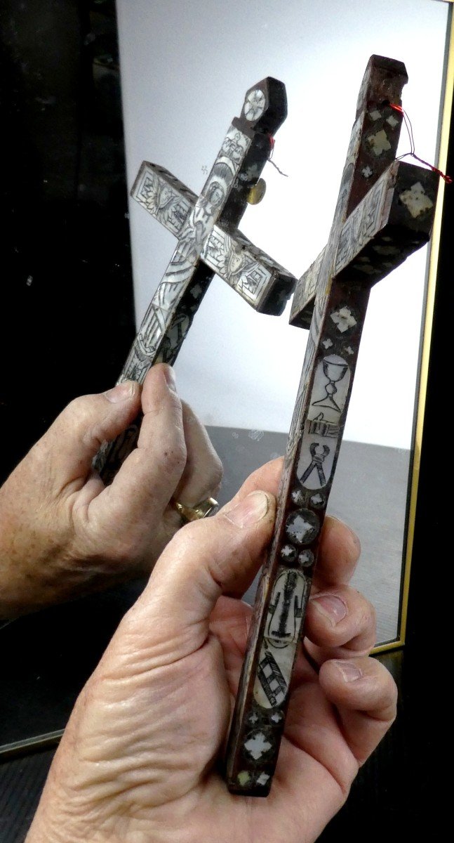 Croix De Jérusalem, Olivier Plaqué De Nacre Gravée, Toutes Faces, 18e Siècle-photo-1