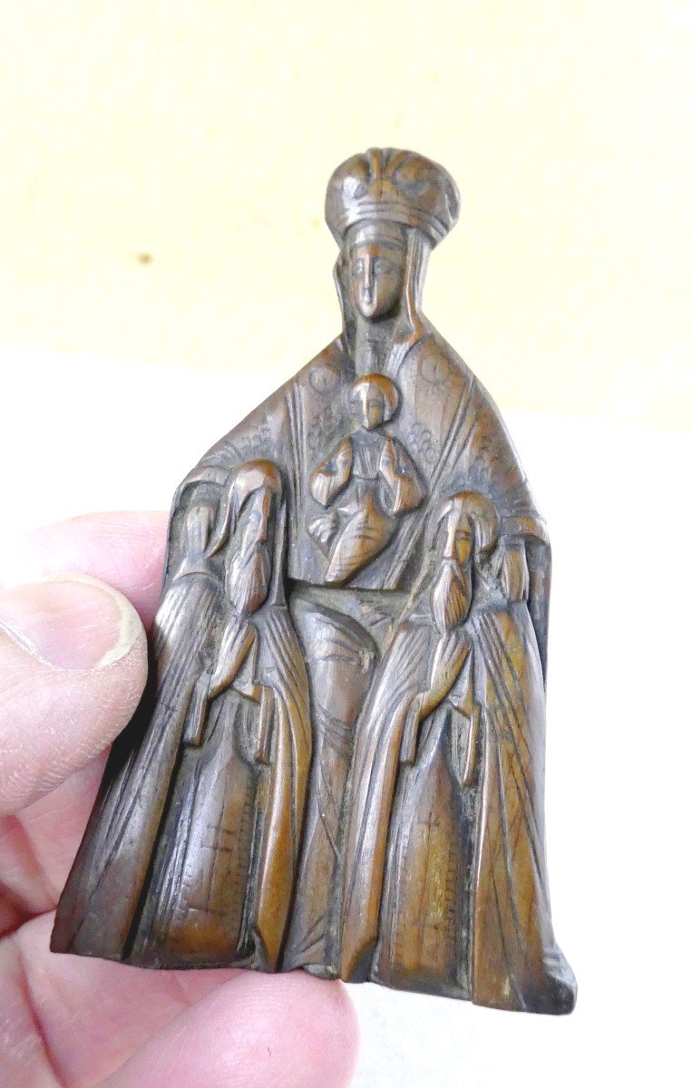 Art Russe : Croix Pectorale Buis sculpté, Vierge En Majesté, -photo-1