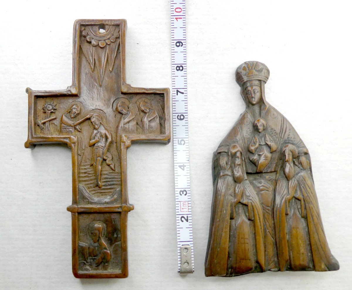 Art Russe : Croix Pectorale Buis sculpté, Vierge En Majesté, -photo-2