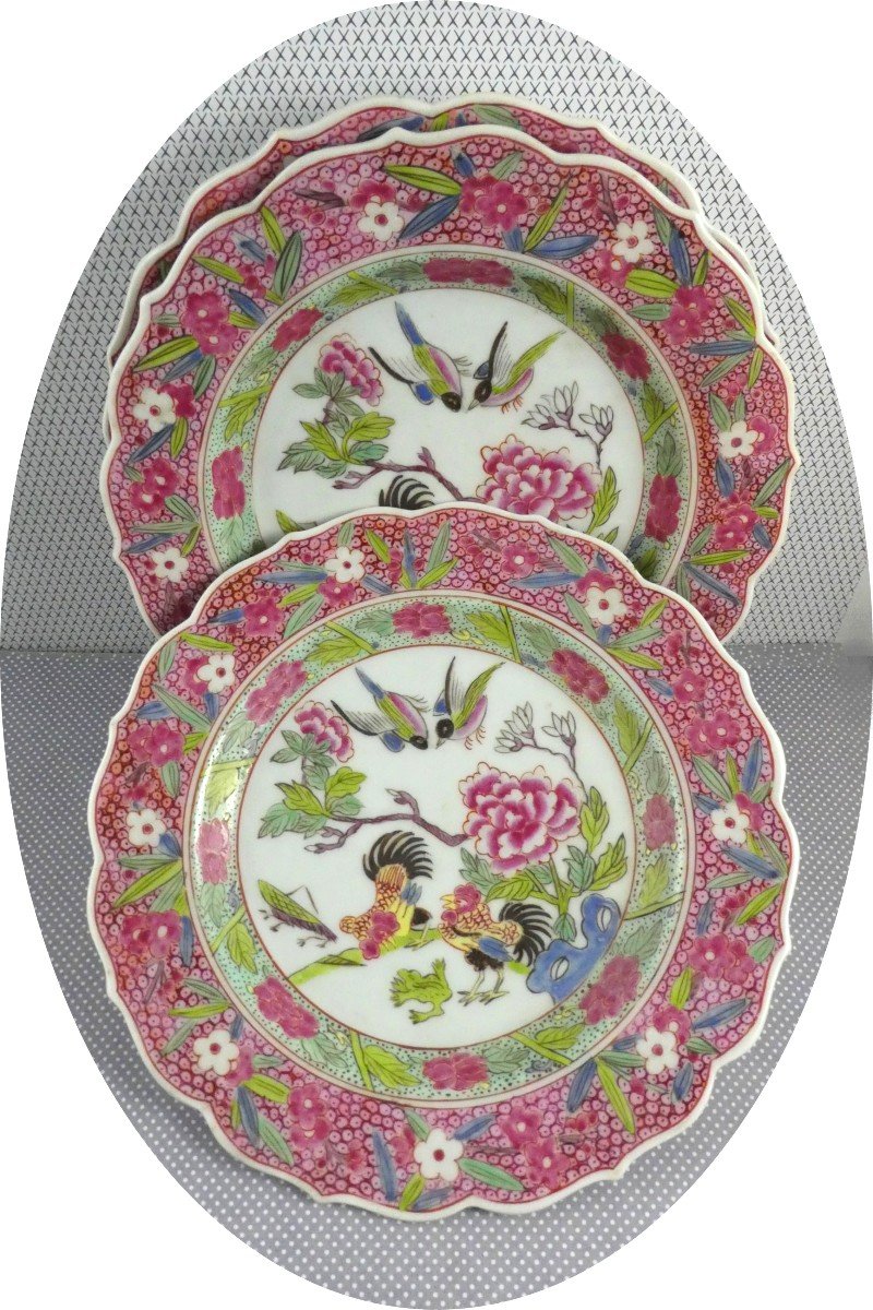 3 Petites Assiettes Aux Oiseaux, émaux Famille Rose, Par E. Samson, Paris, 19e Siècle-photo-4