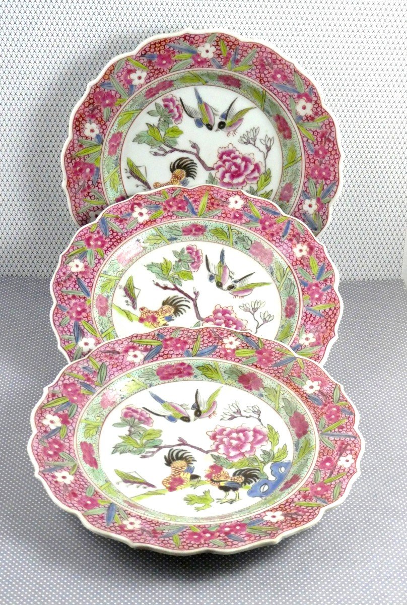 3 Petites Assiettes Aux Oiseaux, émaux Famille Rose, Par E. Samson, Paris, 19e Siècle