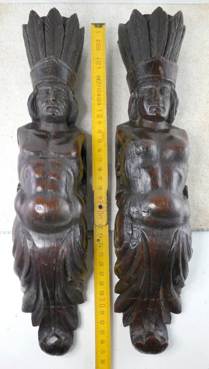 American Indian Busts Couple, Oak Pilasters, Early 19th Century -photo-1