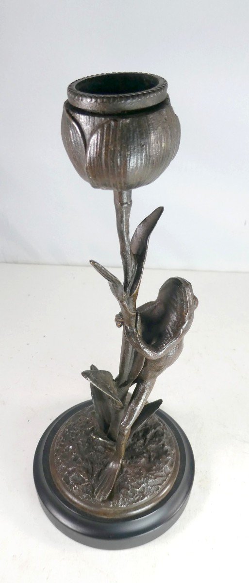 Bronze Candle Holder Sculpture, Flower Frog, Art Nouveau, Monogram-photo-2