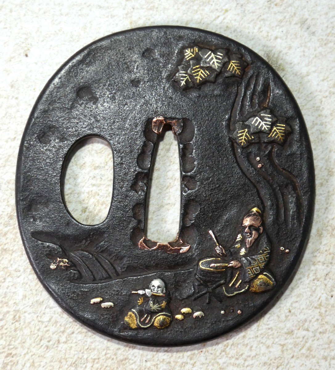 Tsuba Aux Musiciens, Période Edo, Shakudo De Belle Qualité