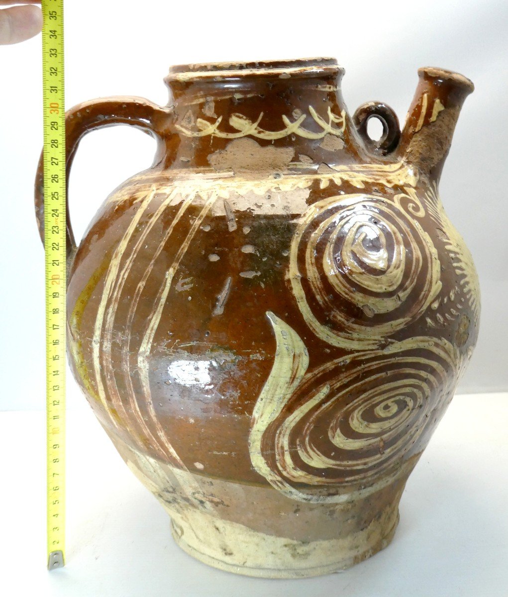 Large Oil Jar, In  Sun, Glazed Majolica Val De Saône, 18th-19th Century-photo-3