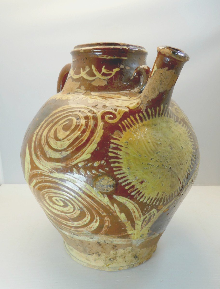 Large Oil Jar, In  Sun, Glazed Majolica Val De Saône, 18th-19th Century