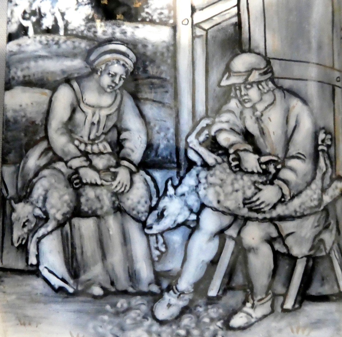 April: Medieval Shearing, Beautiful Limoges Grisaille Enamel, 19th Century