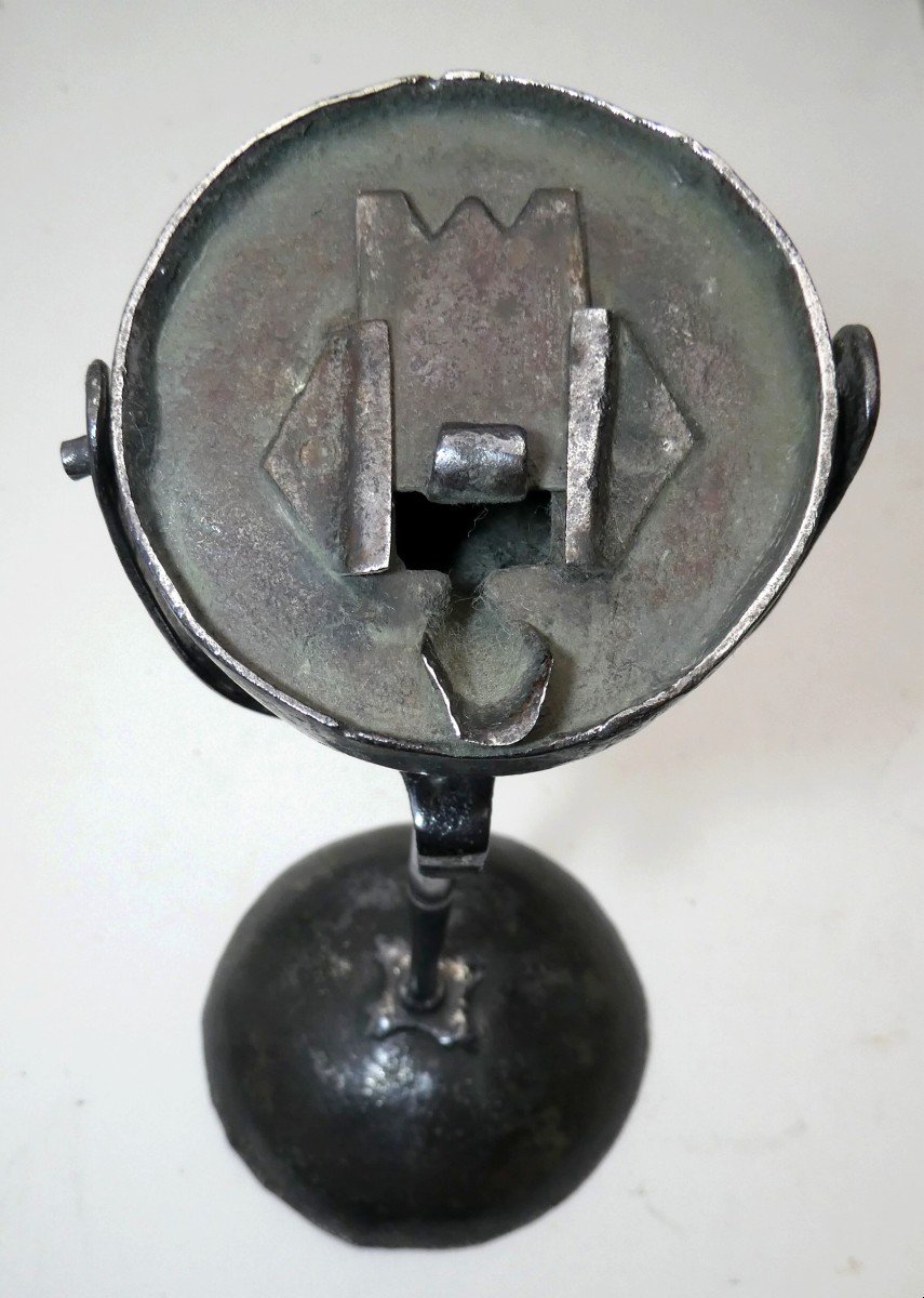 Fine 18th Century Polished Iron Gimbal Table Oil Lamp -photo-3