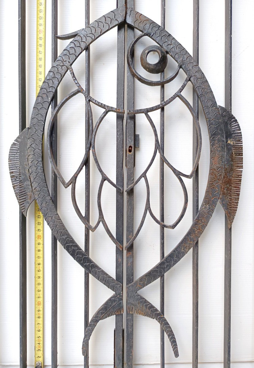 Petite Porte Fer Forgée Art Déco Au Poisson, Vers 1930-photo-2