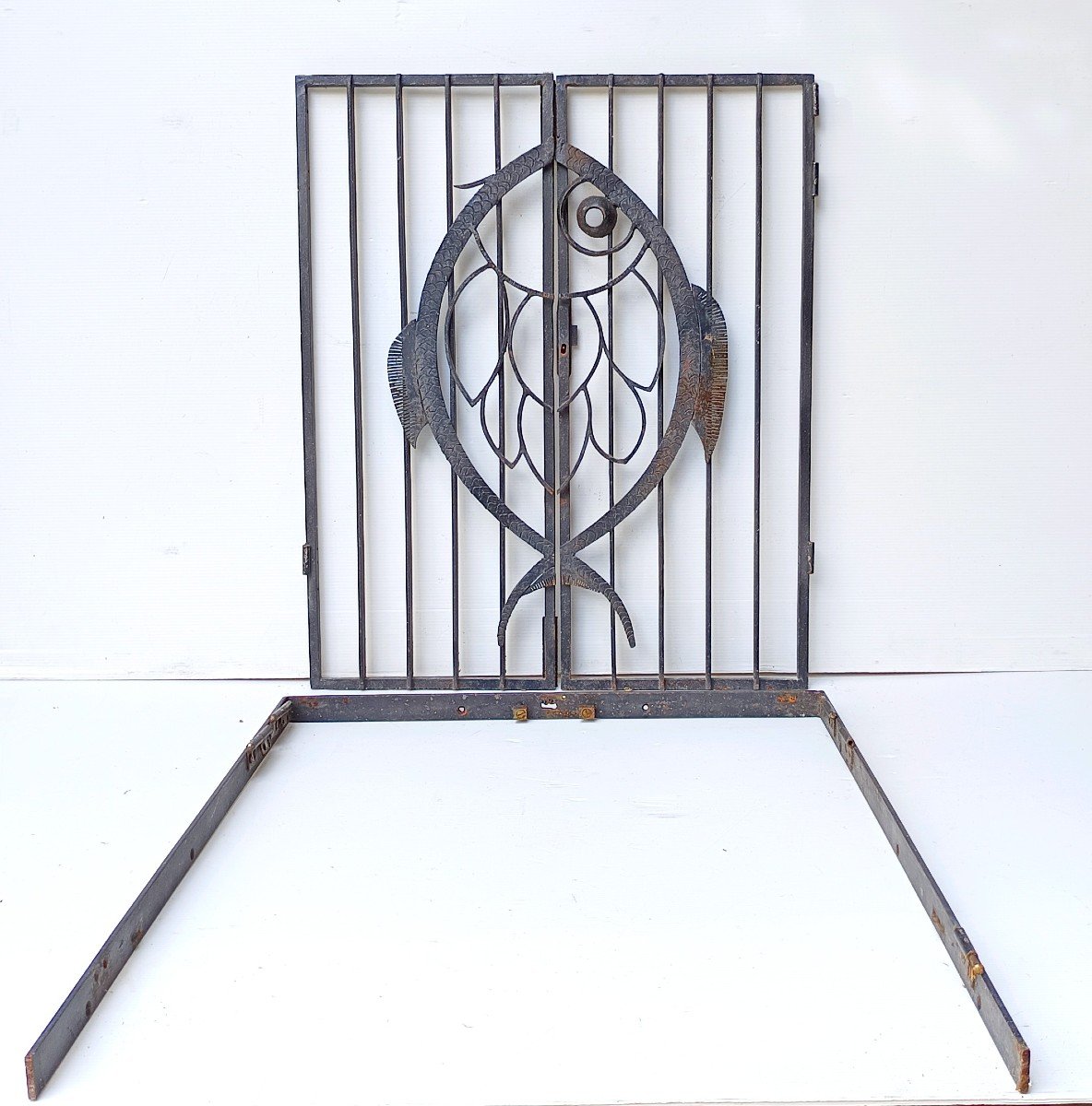 Petite Porte Fer Forgée Art Déco Au Poisson, Vers 1930-photo-4