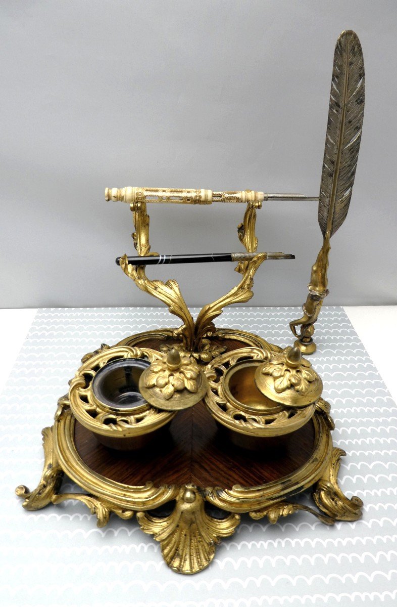 French Desktop Rocaille Gilt Bronze Signed, Maison Millet, Au Faubourg, Circa 1880-photo-3